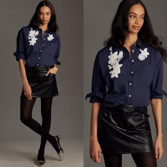 Maeve Anthropologie The Bennet Button Down Shirt Size Large Flower Embroidered - Picture 1 of 9